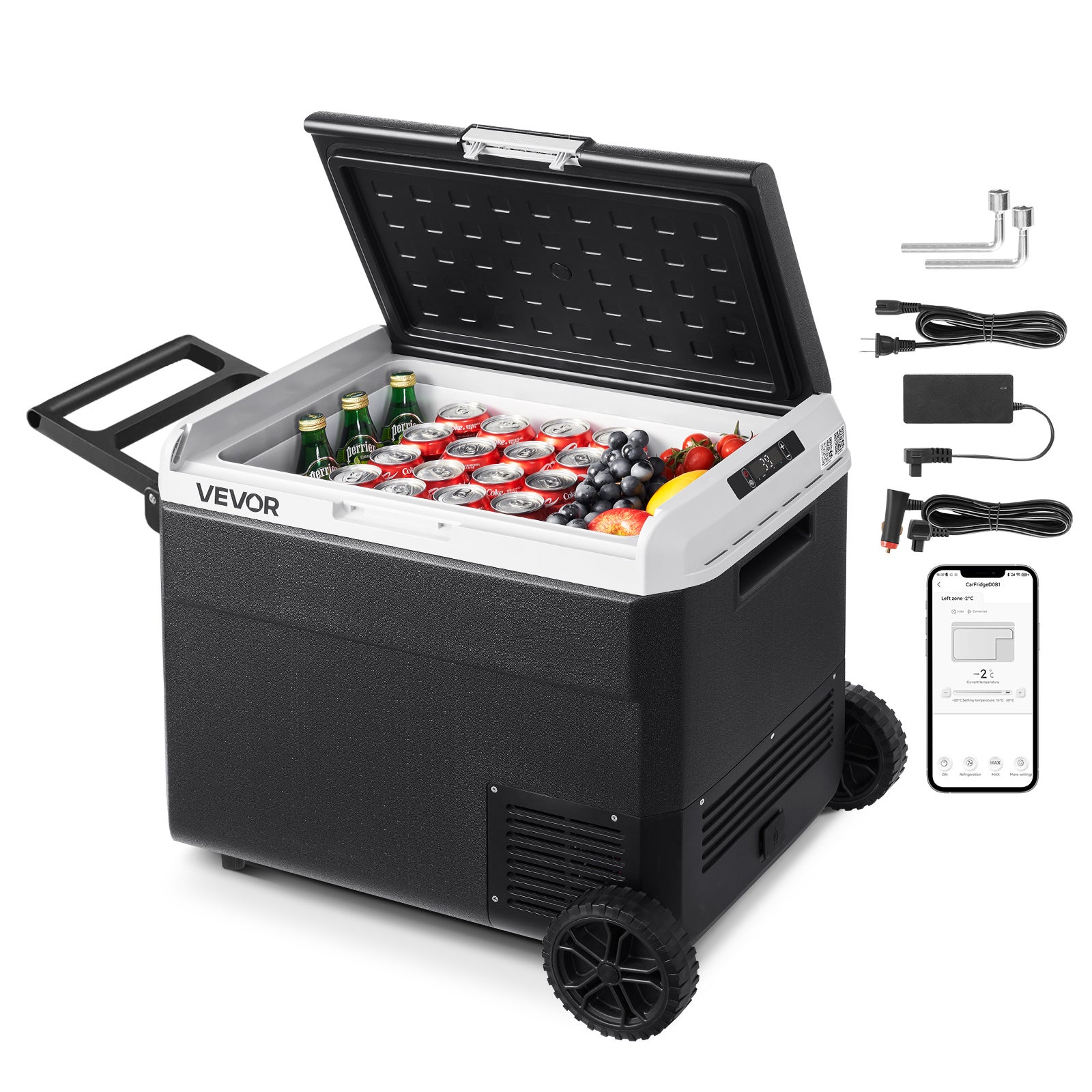 Ladă frigorifică VEVOR auto și de casă, 60L, 12/24V DC și 100-240V AC, pentru camping, călătorii, plajă, pescuit, -20°C până la 20°C, cu roți și mâner