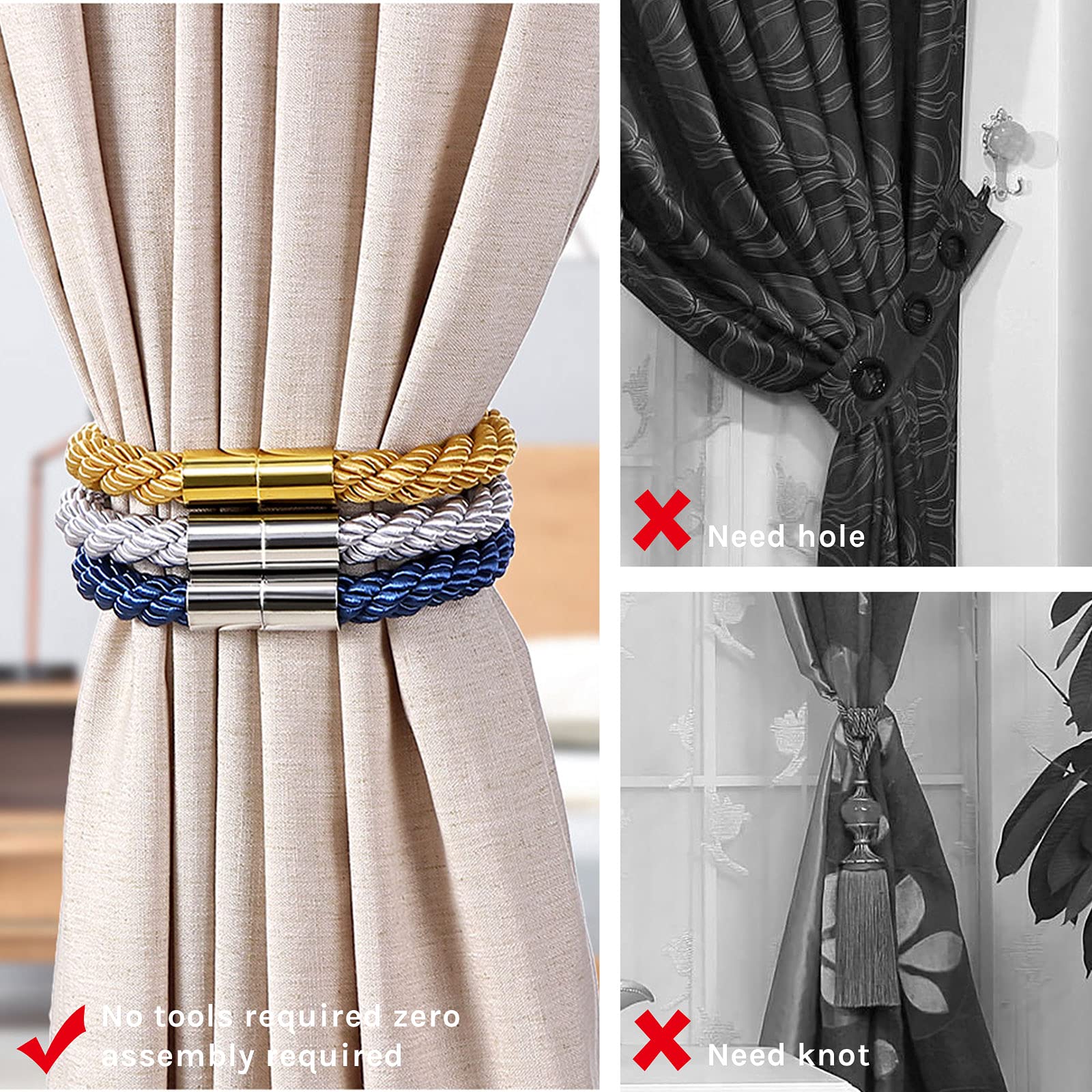 Embrasses de rideaux avec aimant, paquet de 4 boucles, attaches de rideaux, décoration de rideaux, accessoires, café - 5