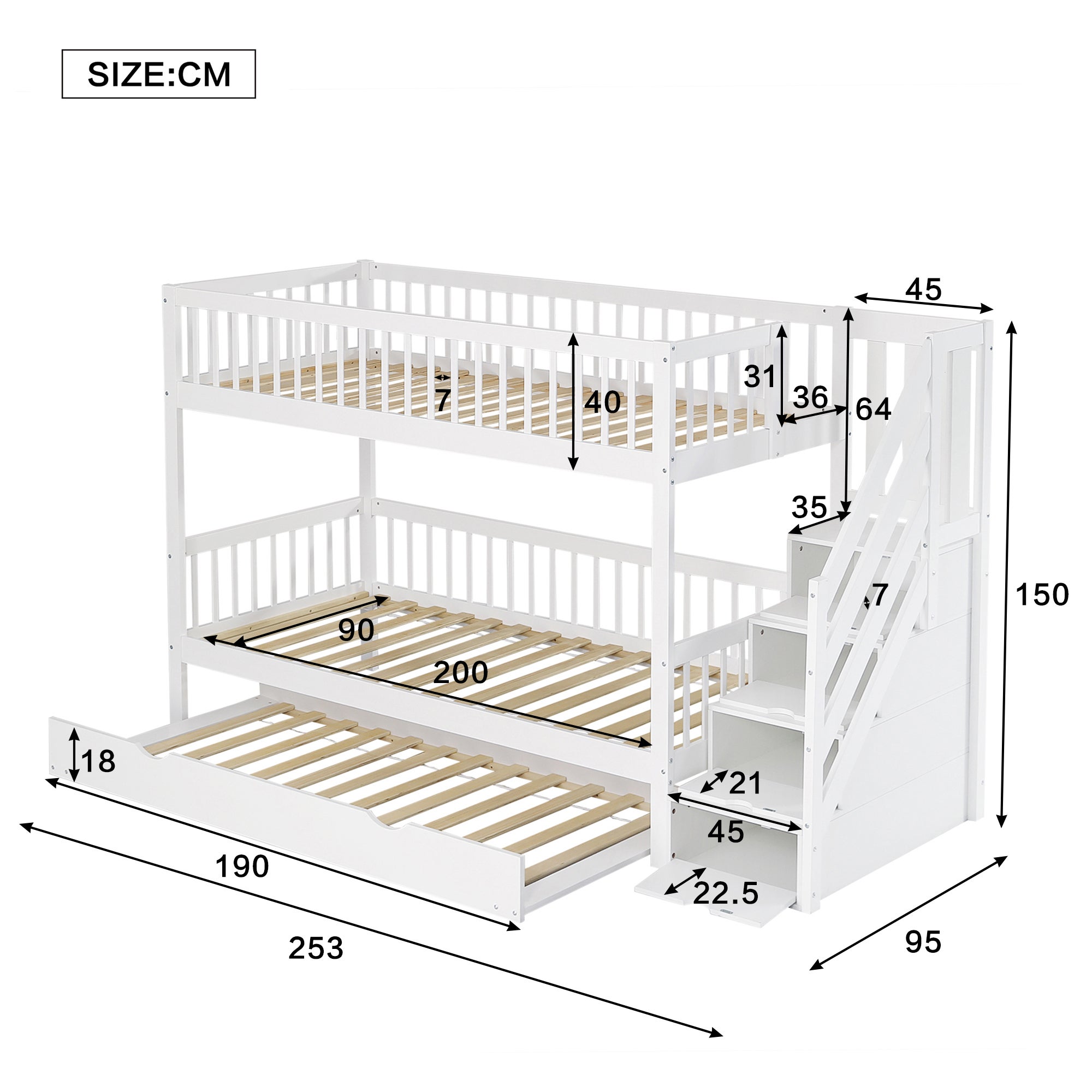 Łóżka piętrowe 2 x 90 x 200 cm + łóżko wysuwane 90 x 190 cm - 3 szuflady i schodki - sosna + płyta MDF - kolor biały (Materace nie są wliczone w cenę) - 8