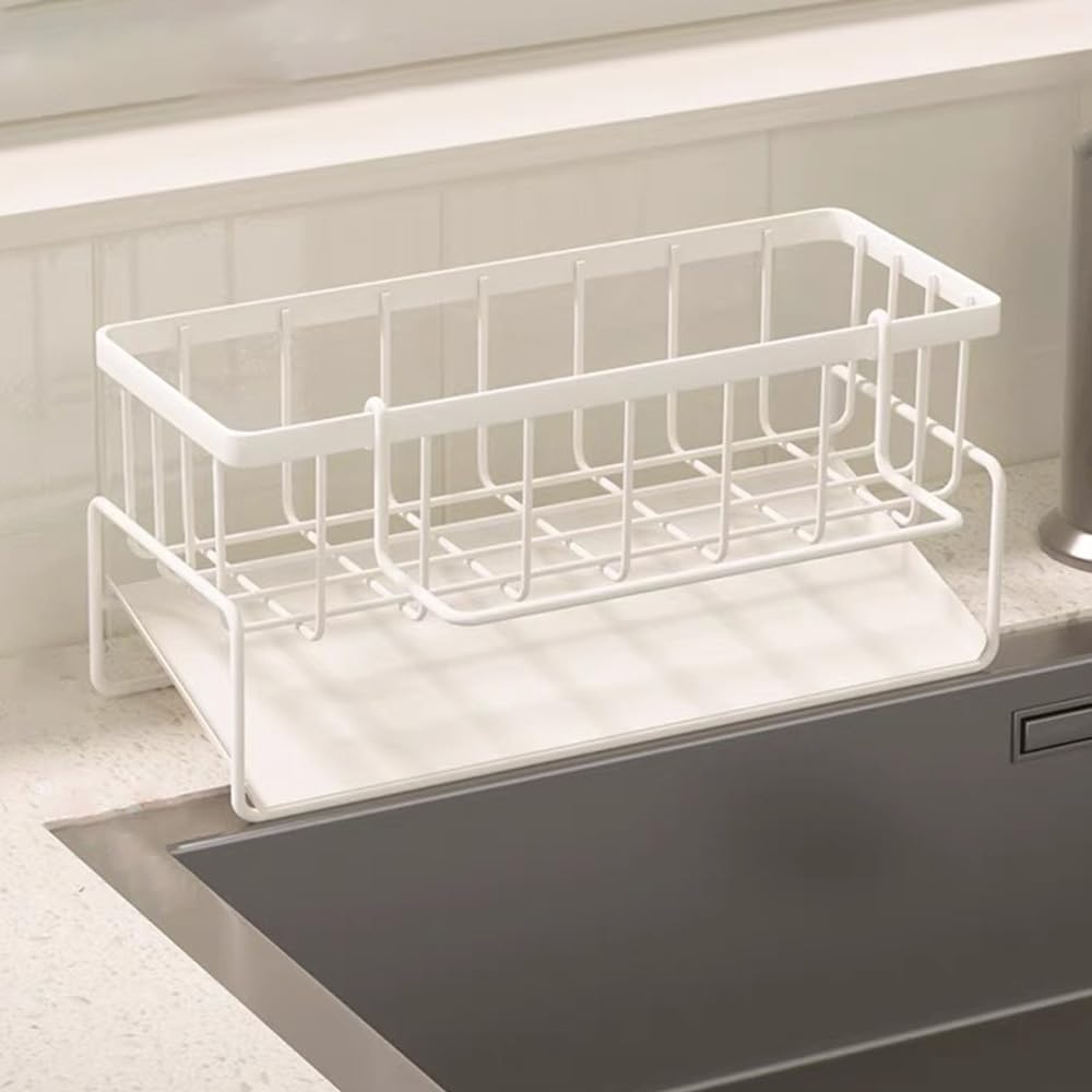 Ociekacz do zlewu kuchennego, półka na ręczniki, uchwyt na gąbkę z drążkiem na ręczniki, odpowiedni do kuchni i łazienki (biały)