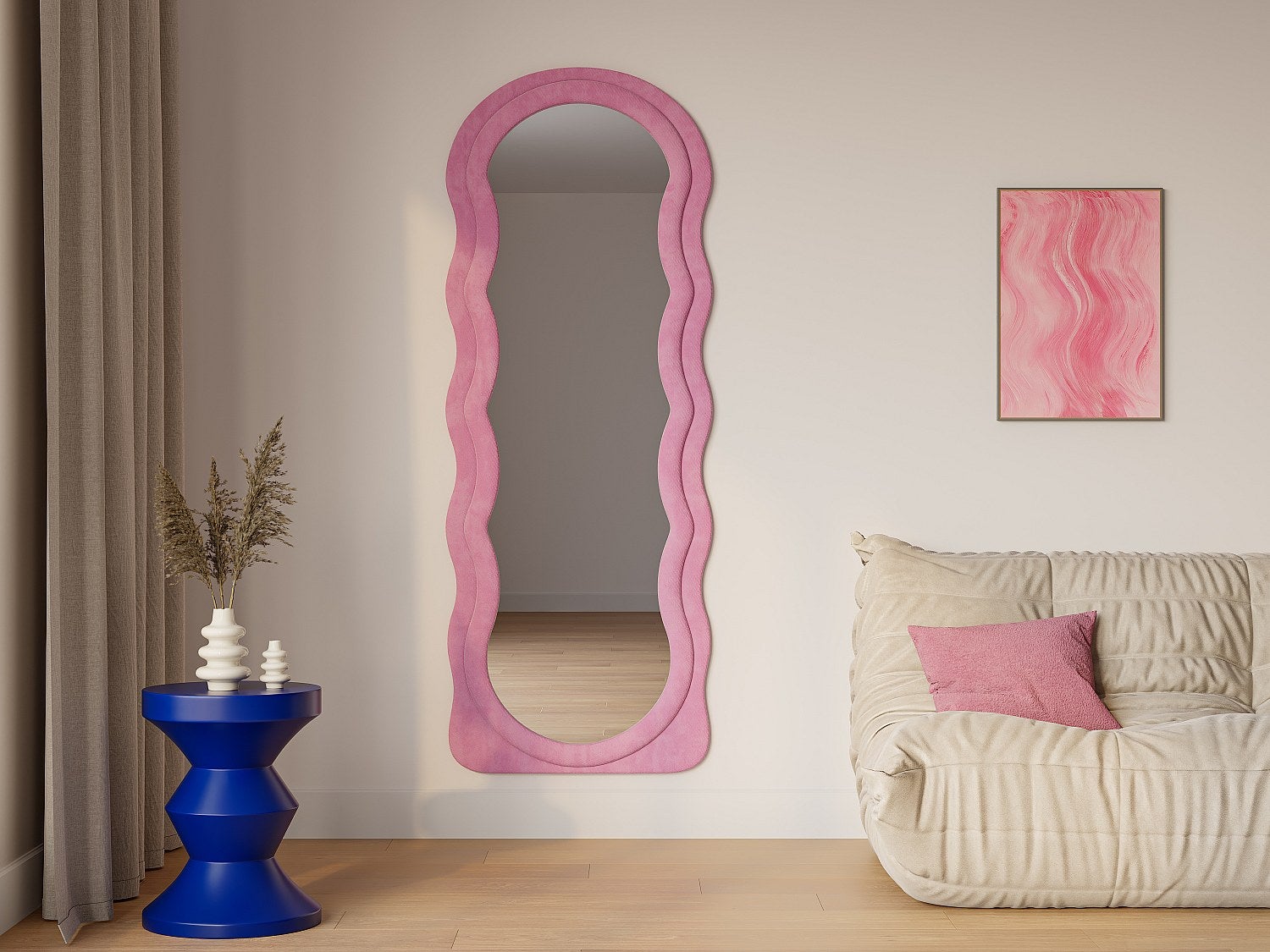 Lustro organiczne z weluru - szer. 65 x wys. 170 cm - Różowy - AYANI