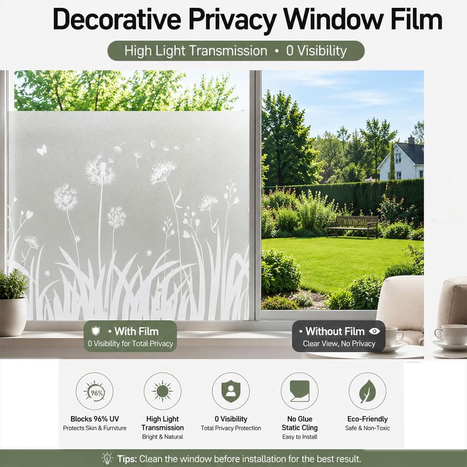 Film de protection solaire Bloss Frosted pour vitres, 60 cm x 200 cm, amovible et électrostatique, motif pissenlit, anti-UV et contrôle de la chaleur. - 5