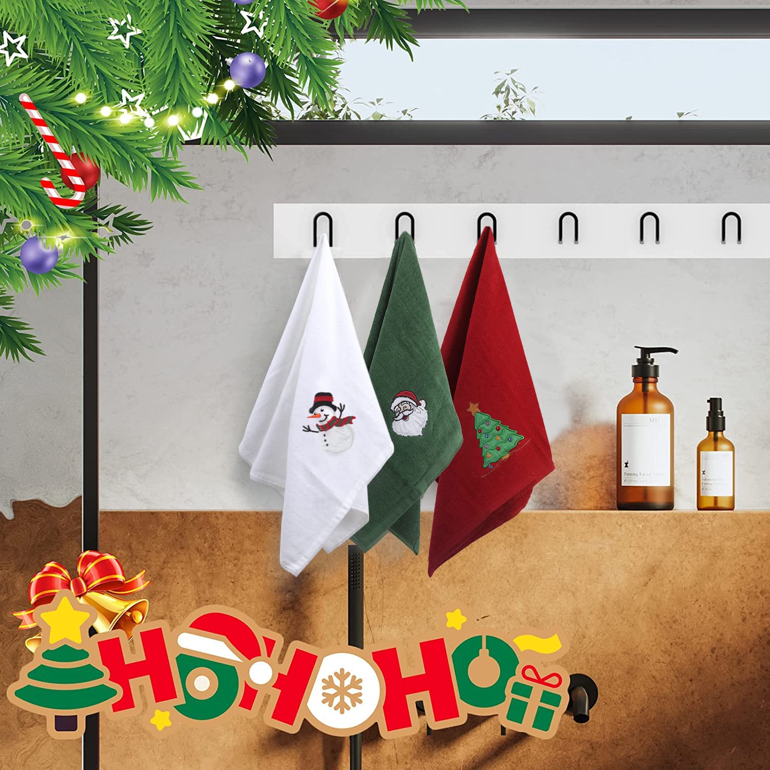Set di asciugamani natalizi da 25x16 pollici, asciugamani da bagno natalizi in cotone 100% per il bagno, decorazioni natalizie - Confezione da 3 - 5