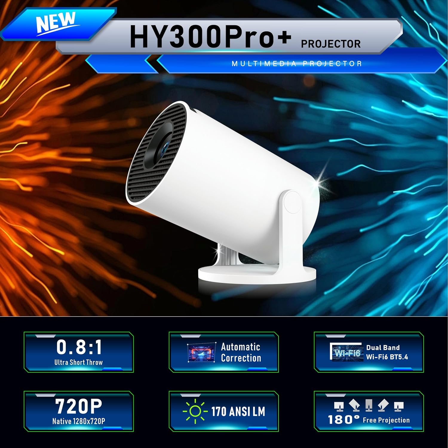 Mini Projecteur 4K 300pro, Portable Vidéoprojecteur WiFi 6 BT5.4 Android 11, 1080P Full HD, HDMI USB, Rotation 180° pour Phone PC Tablette - 2
