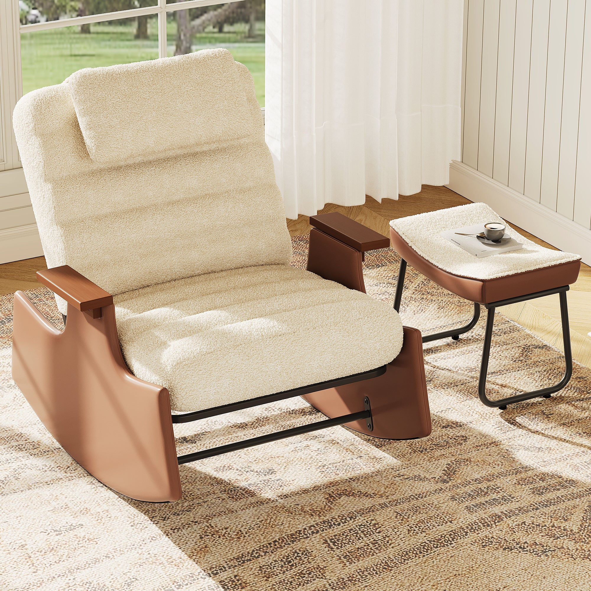 Fauteuil a Bascule avec Repose Pieds, Chaise a Bascule Allaitement Réglable 3 Positions Rocking Chair Intérieur Extérieur avec Coussin, Laine d'agneau - 3