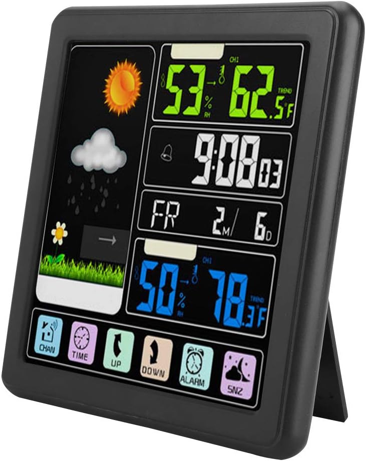 Bezprzewodowa stacja pogodowa TS-3310, termometr wewnętrzny/zewnętrzny z ekranem dotykowym, czujnikiem, ekranem LCD, inteligentnym zegarem (czarna)
