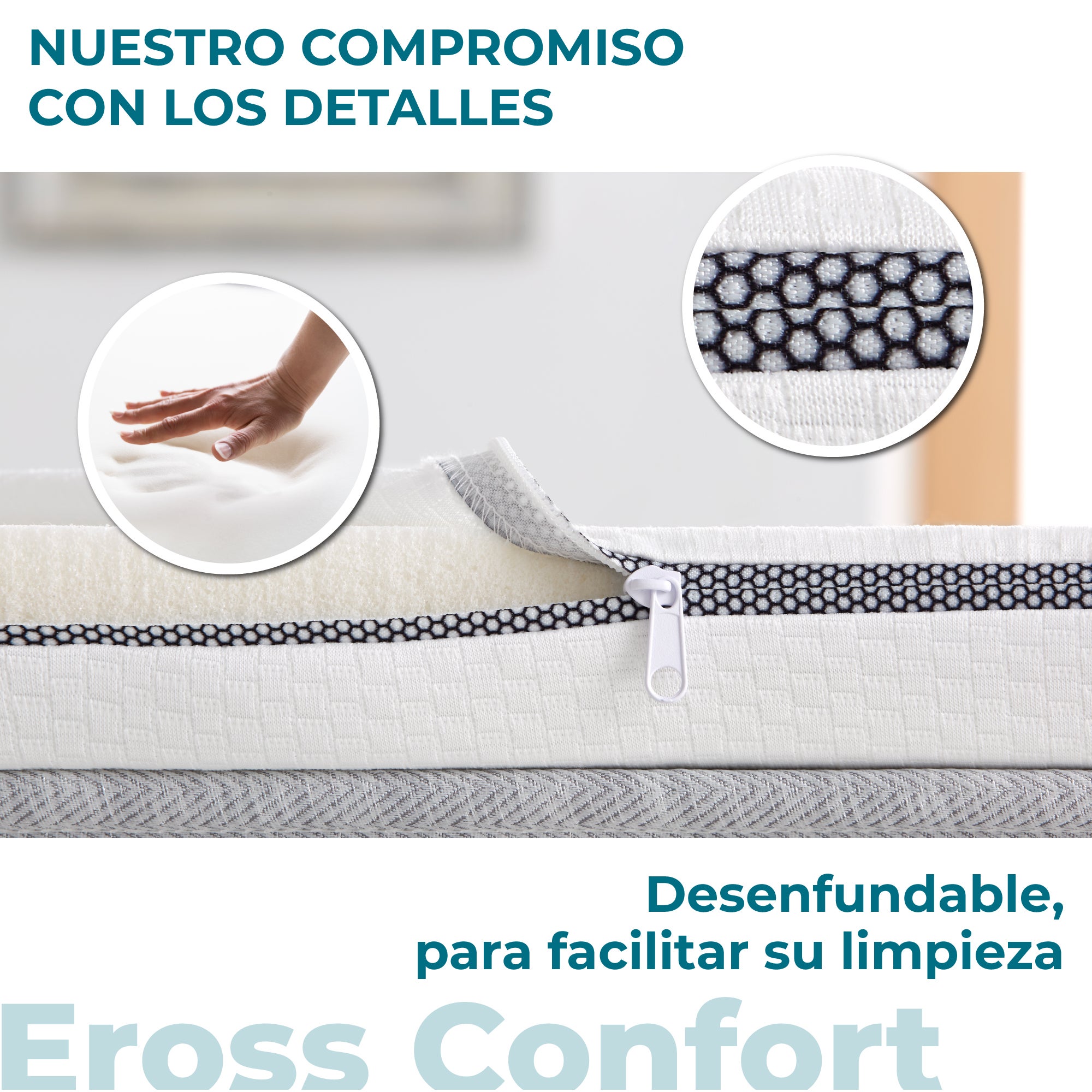 Topper Viscoelastico cama de 180x190 Núcleo 100% Viscoelástica Premium. Desenfundable, Cremallera Oculta y Lavable. Altura 5 cm - 3