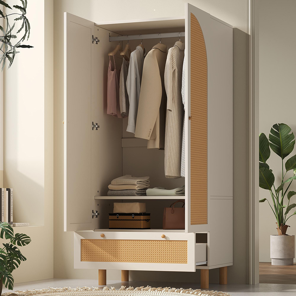 Armoire penderie à 2 portes et rotin blanc avec grand tiroir étagères réglables en hauteur - 9