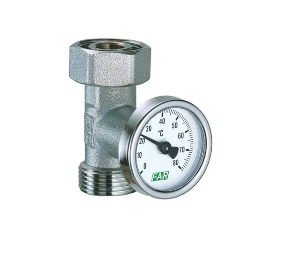 Raccordo Portatermometro CALEFFI 657400 - 1/2" M X 1/2" F - Con Termometro 0-80°C - Ø 40mm