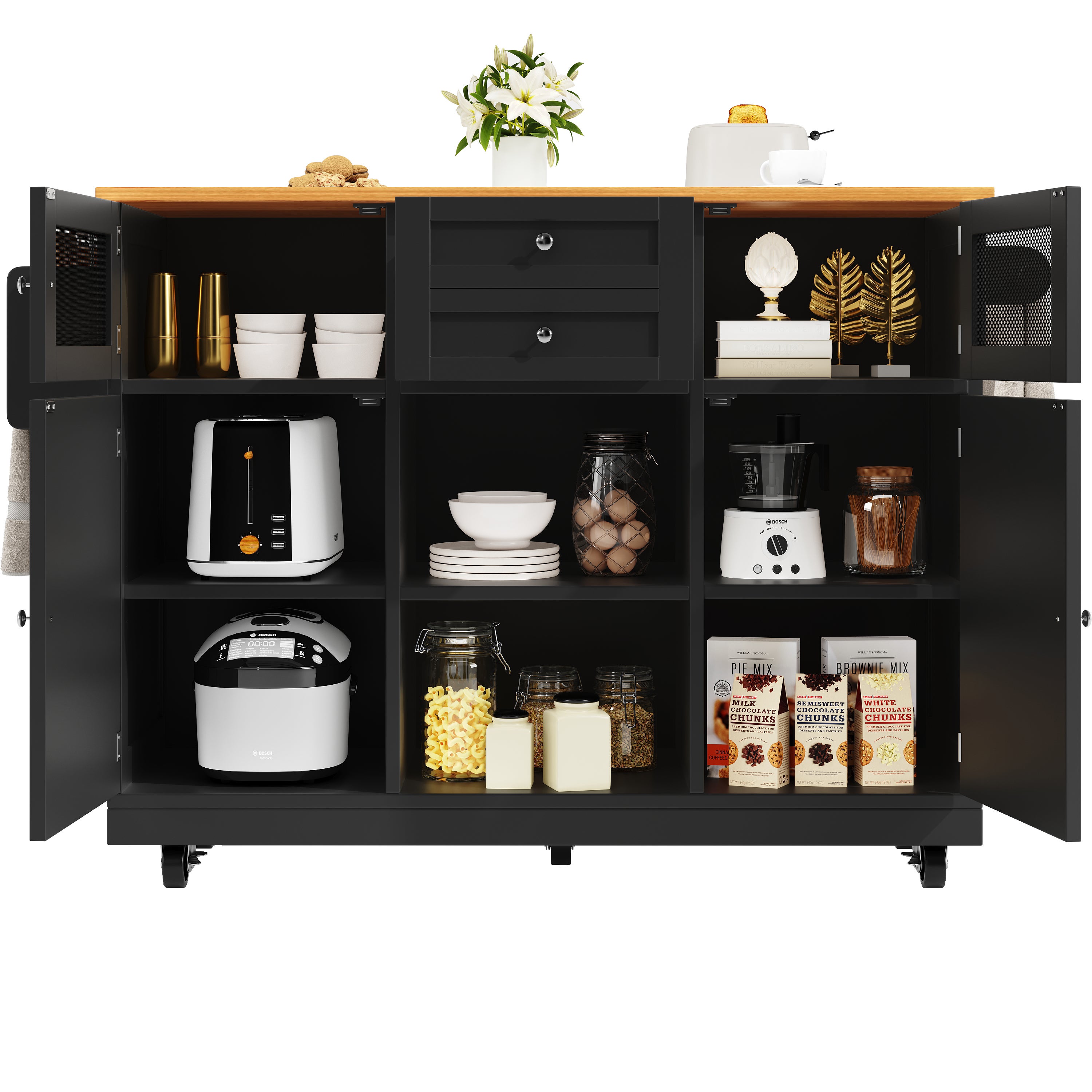 Ilot central de cuisine mobile 140x70x93.5cm - 2 tiroirs et 4 portes - plateau extensible - étagères ajustables - noir - 7