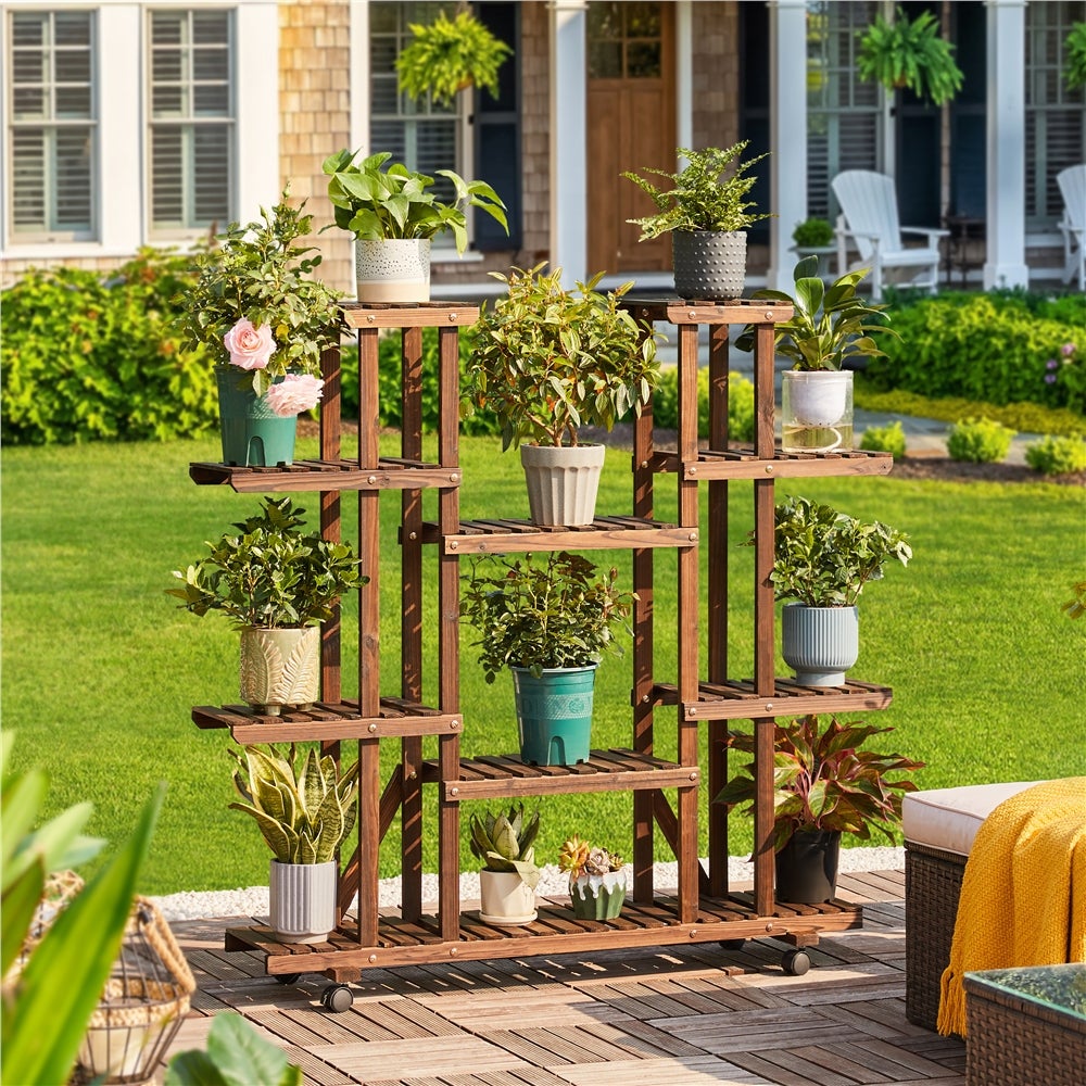 Lot de 2 Étagère à Fleurs en Bois Porte-plantes à Roulettes avec 9 Tablettes, Couleur du Bois Yaheetech - 3