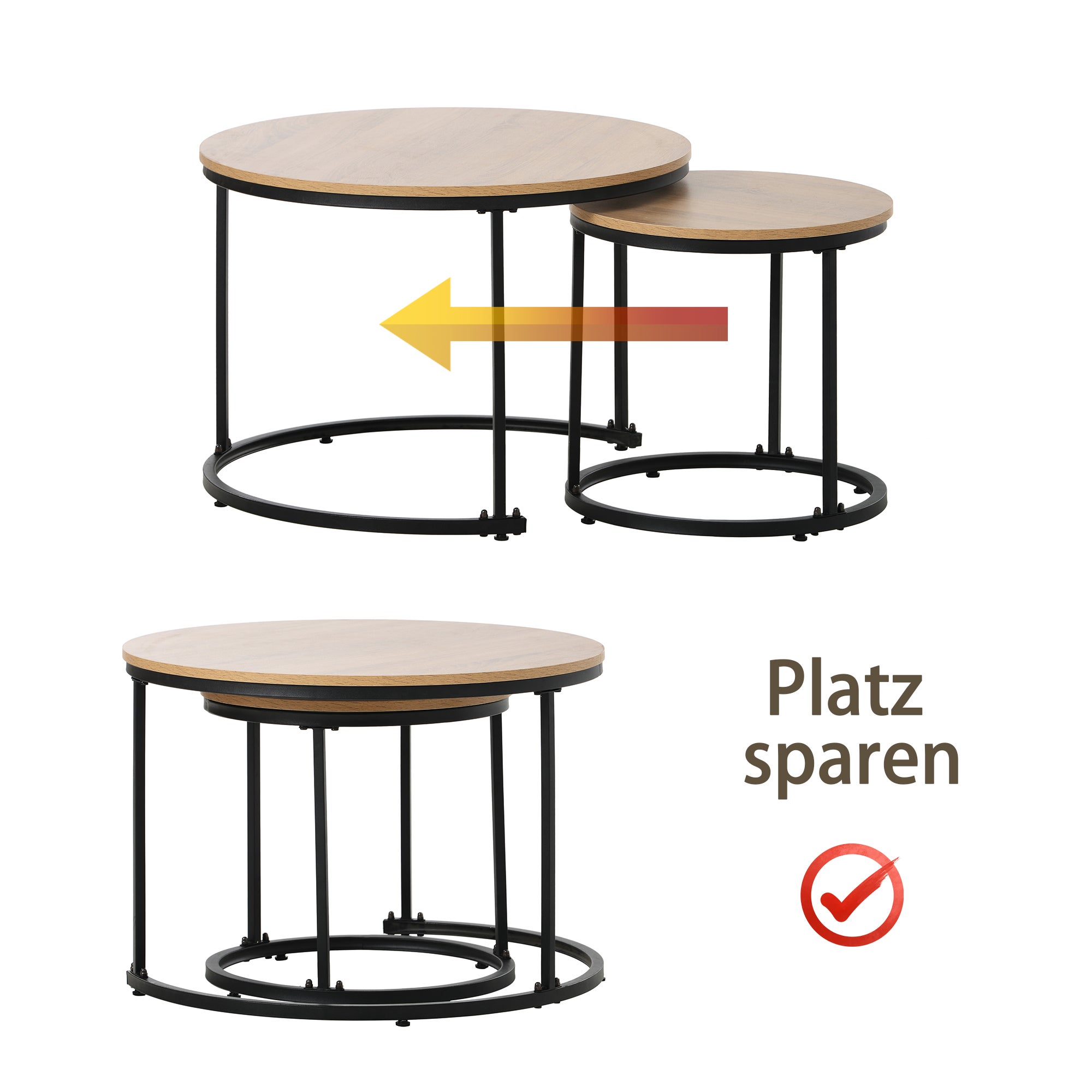 Lot de 2 tables basses gigognes, table d'appoint - bois MDF et pièds en métal - coloris chêne - 6