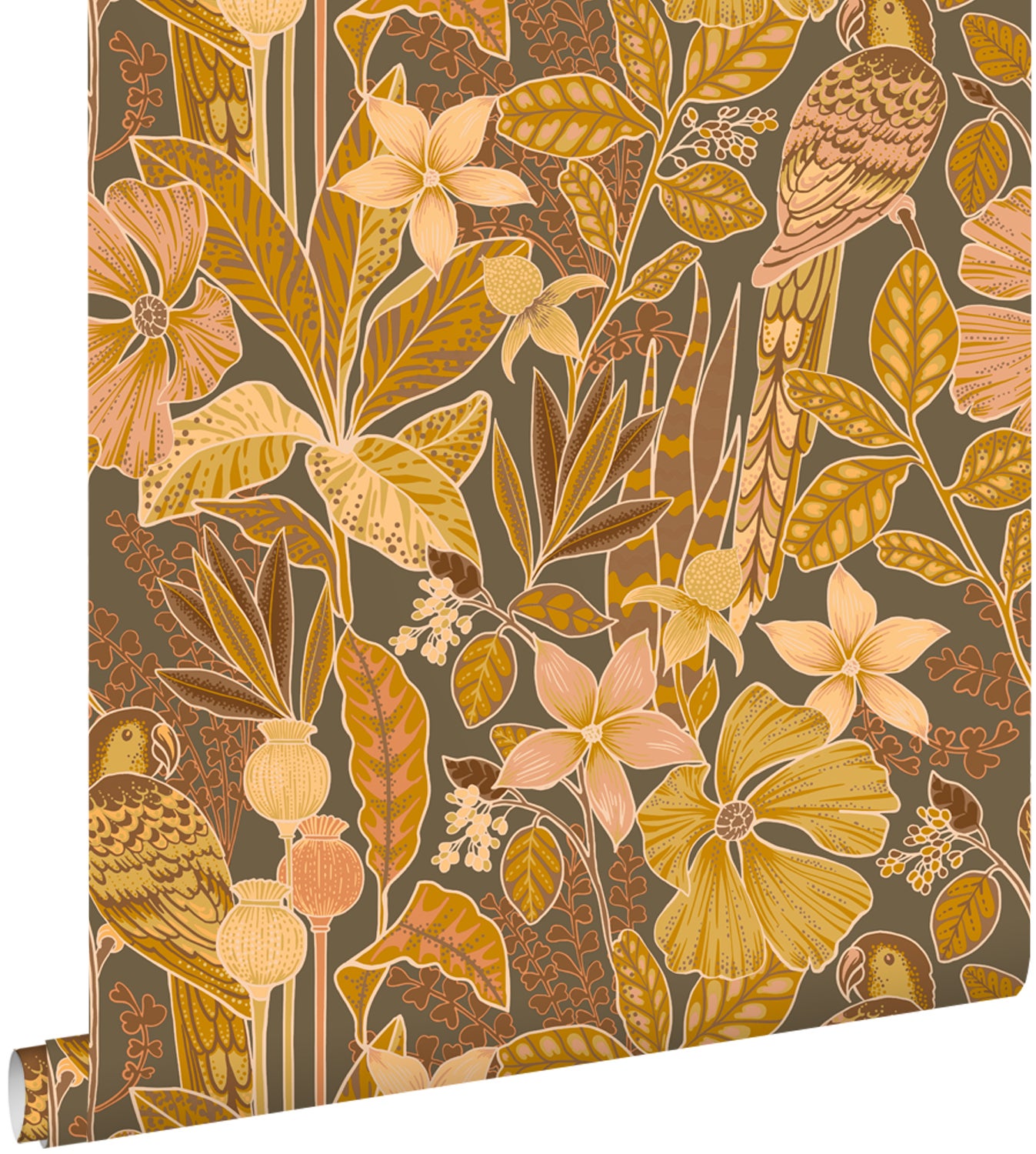 Tapeta tropikalne kwiaty i ptaki rajskie terakota brązowy - 50 x 900 cm - ESTAHOME