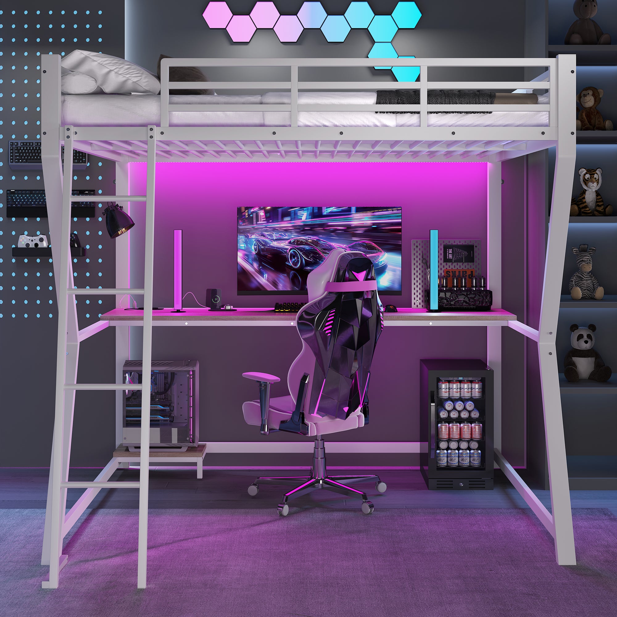 Łóżko piętrowe 140×200 cm - z oświetleniem LED - z biurkiem - gniazdko + USB - ze schodami - białe