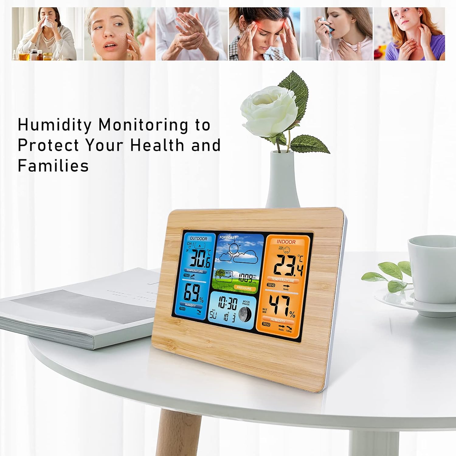 Stazione meteorologica digitale wireless con sensore esterno, termometro interno ed esterno, ora, temperatura, umidità, barometro e sveglia. - 5
