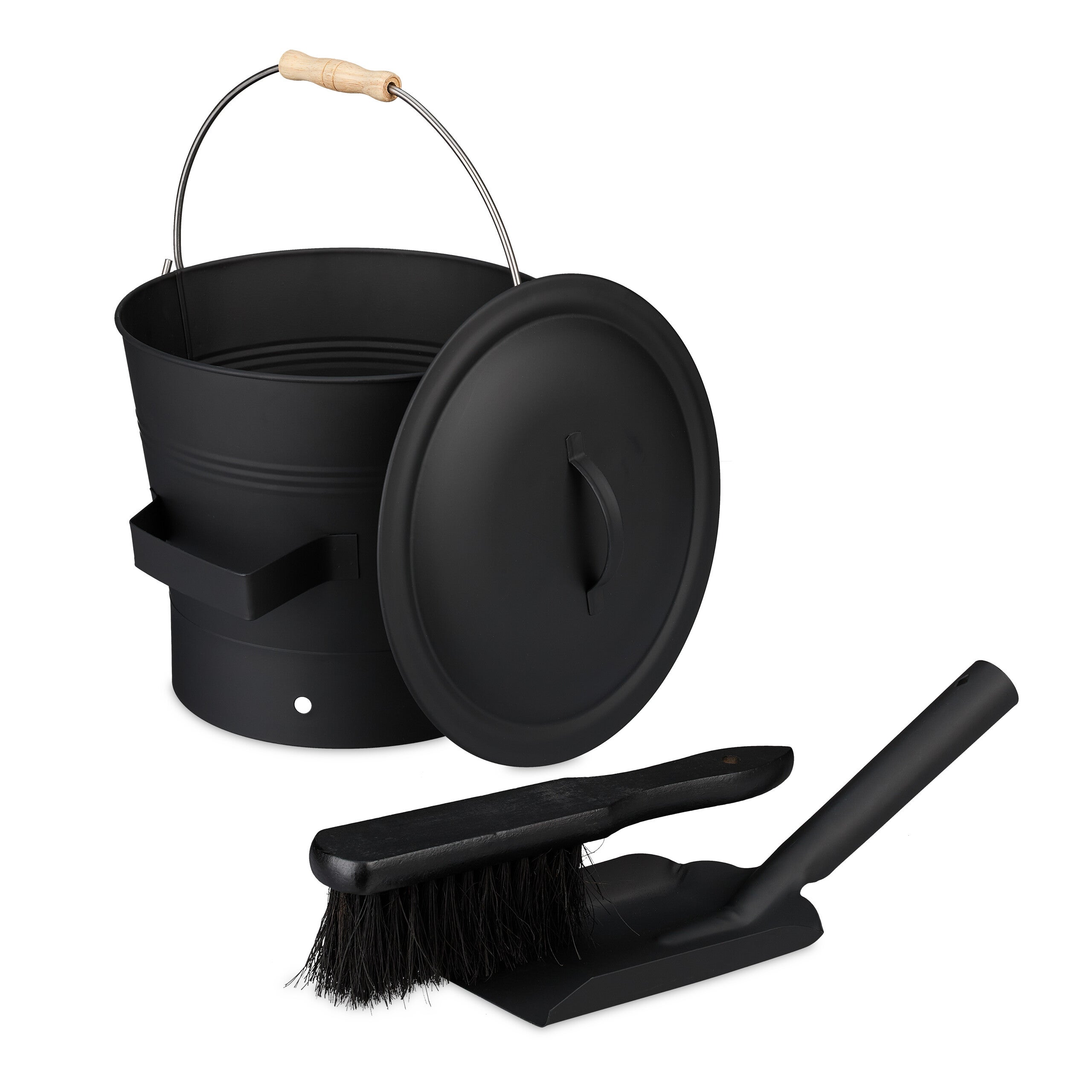 Relaxdays Seau à Cendres 4,5 Litres Avec Couvercle - Pelle + Balayette - Nettoyage Cheminée Noir