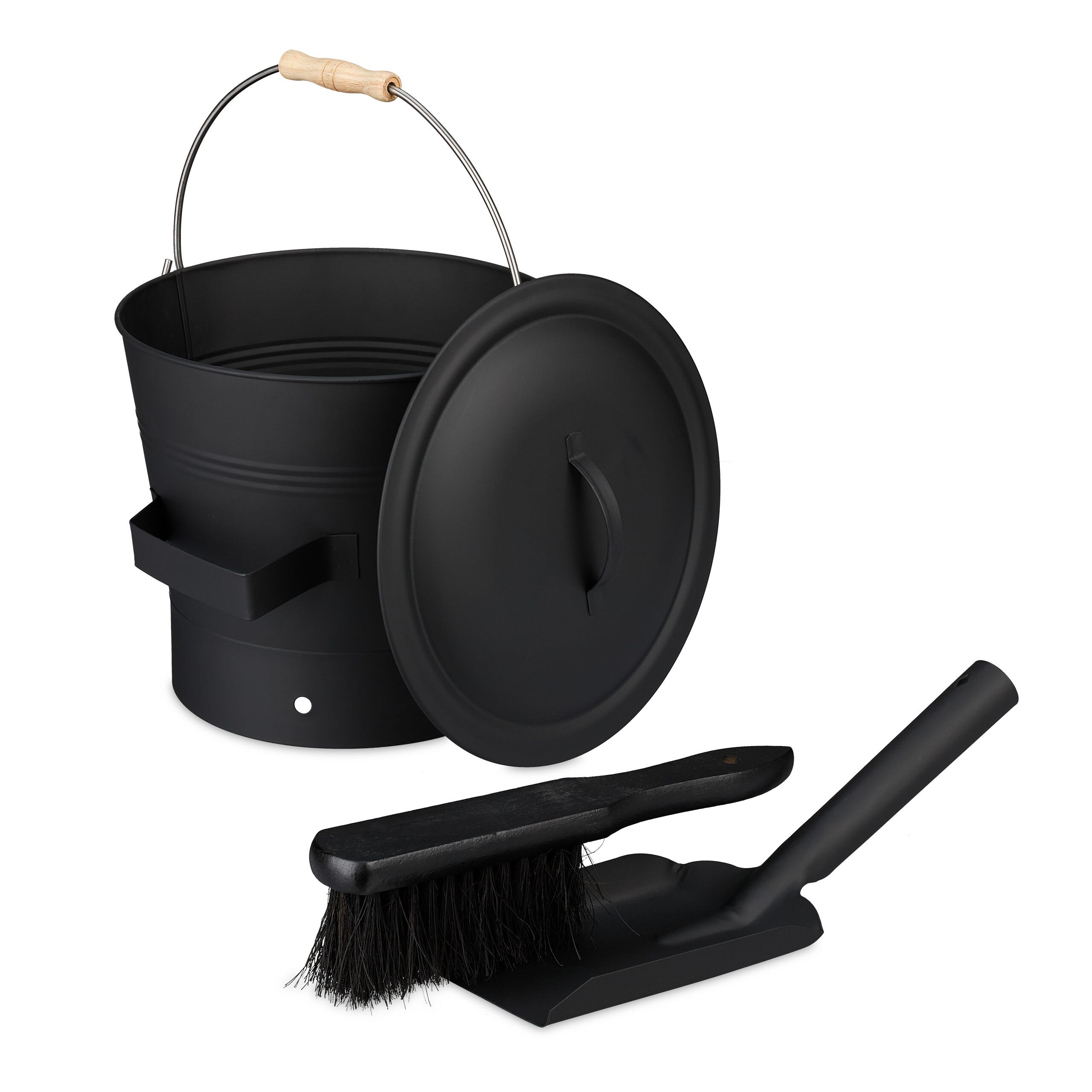 Relaxdays Seau à Cendres 4,5 Litres Avec Couvercle - Pelle + Balayette - Nettoyage Cheminée Noir