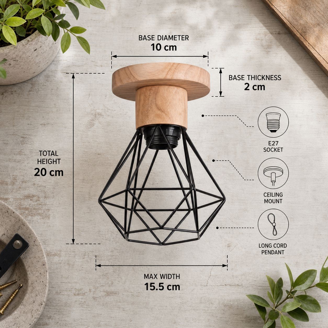 Candeeiro de Teto Industrial Vintage com Base em Madeira Maciça e ...