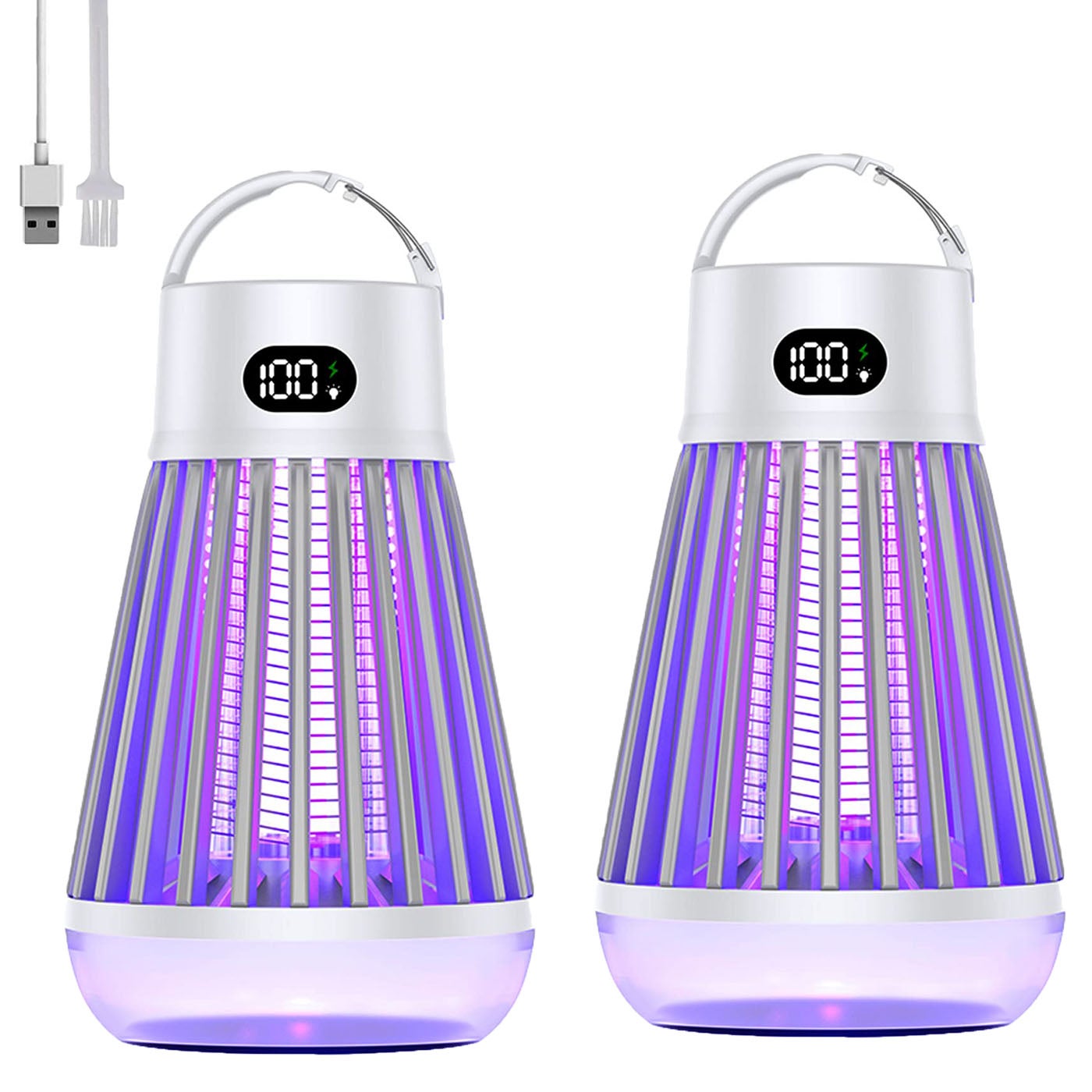 Zestaw 2 lamp przeciw komarom ładowanych przez USB - Elektryczna pułapka na owady z wyświetlaczem cyfrowym, IPX5, do domu, na taras, do ogrodu, biała