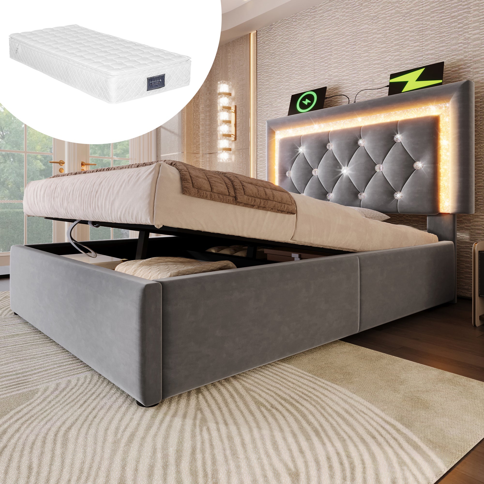 Łóżko z pojemnikiem na pościel 90 x 200 cm i zagłówkiem - Tkanina aksamitna - Diody LED - Porty USB i typu C - Szare (Materac w zestawie)