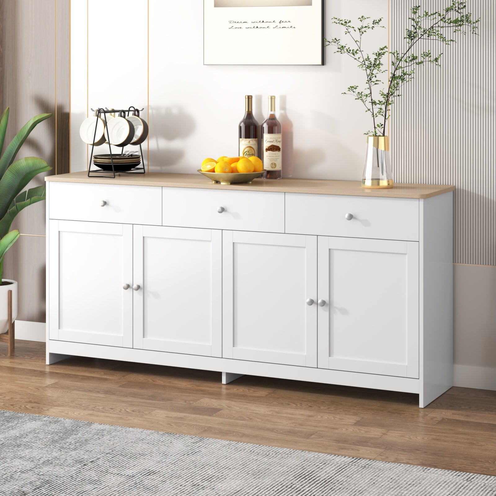Buffet Bahut 160x37x75cm - Style Campagne Moderne avec 4 Portes et 3 Tiroirs - Plateau Effet Chêne et Corps Blanc - 8