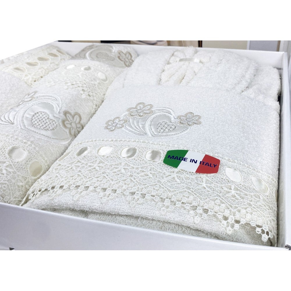 CAORI salle de bain REIGNOIRS COMPLETS EN SPUGNA brodés DENTELLE DE MACRAMÉ 8 pièces IDÉE NUPTIALE Taille 48-52 - 2