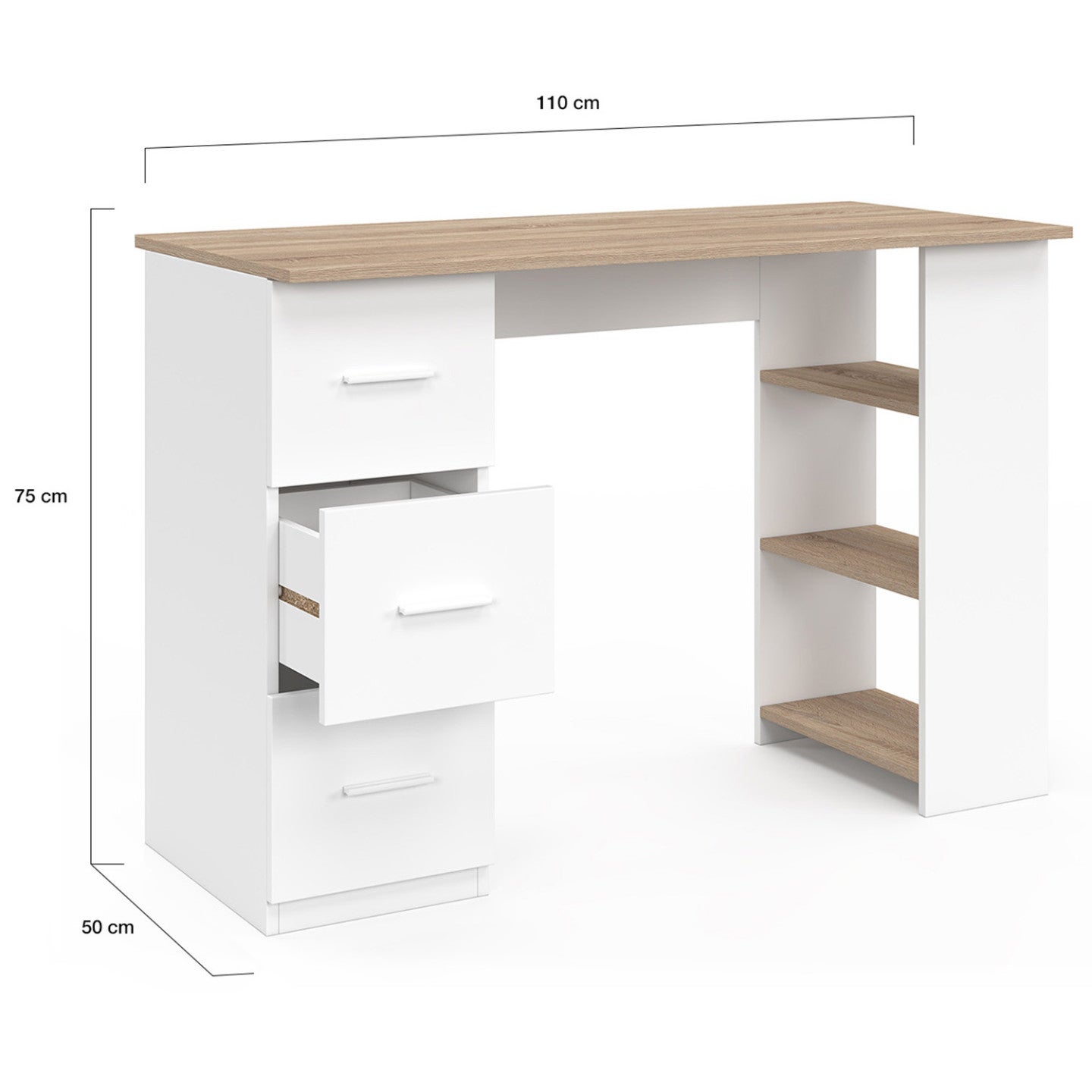 Bureau droit MAE 3 tiroirs avec étagères de rangement blanc et bois - 4