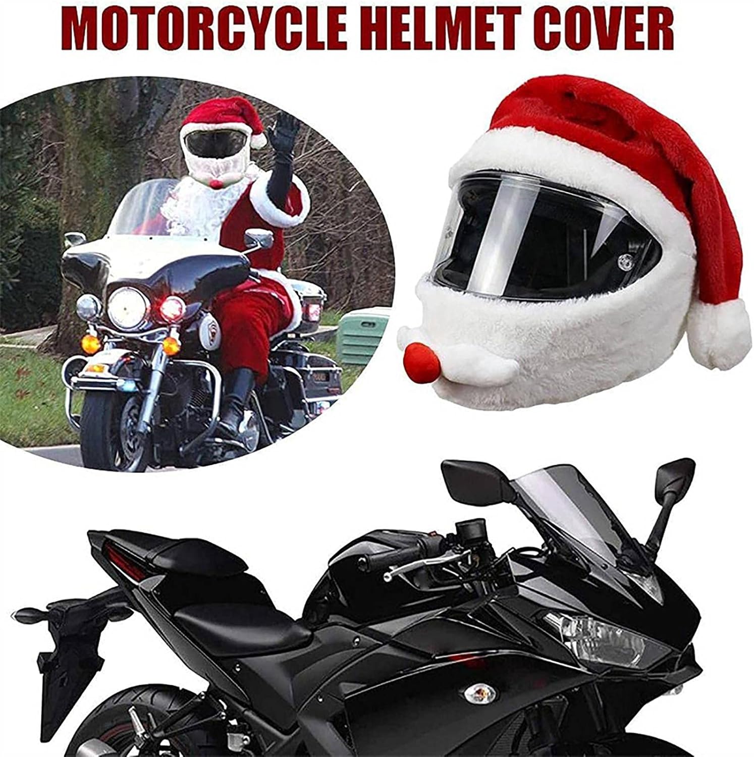 Uniwersalny pluszowy pokrowiec na kask motocyklowy – spersonalizowany czerwony pokrowiec na kask Świętego Mikołaja – prezent świąteczny - 4
