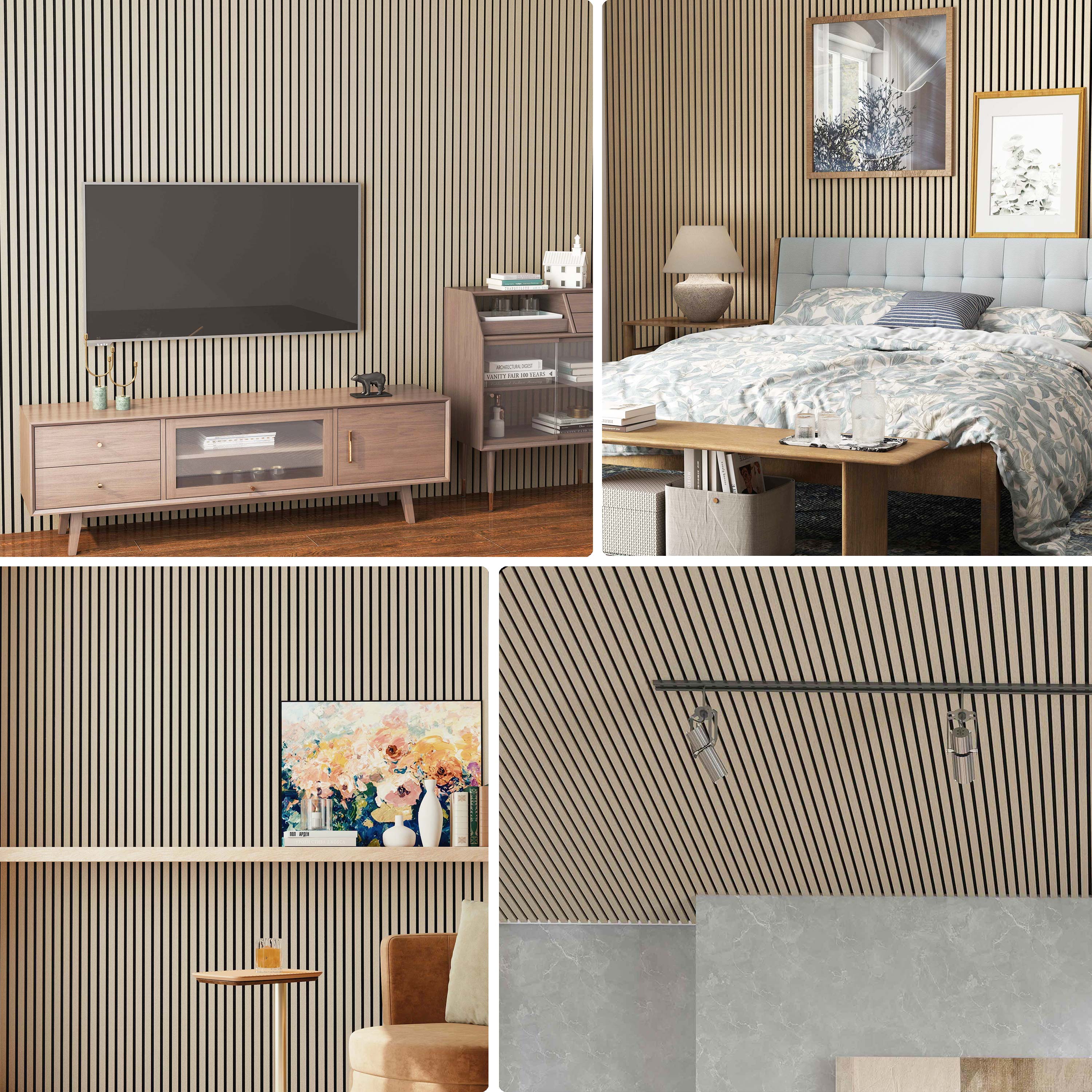 Lot de 2 panneaux muraux acoustiques décoratifs en bois MDF 260 x 30 cm, finition chêne clair, excellente isolation acoustique, installation simple - 4