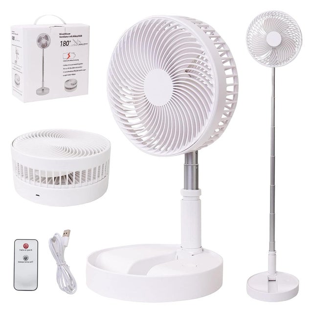 Ventilateur de bureau portable, ventilateur sur pied pliable avec télécommande, télescopique de 14,2'' à 39'', 4 vitesses, chargement USB, blanc
