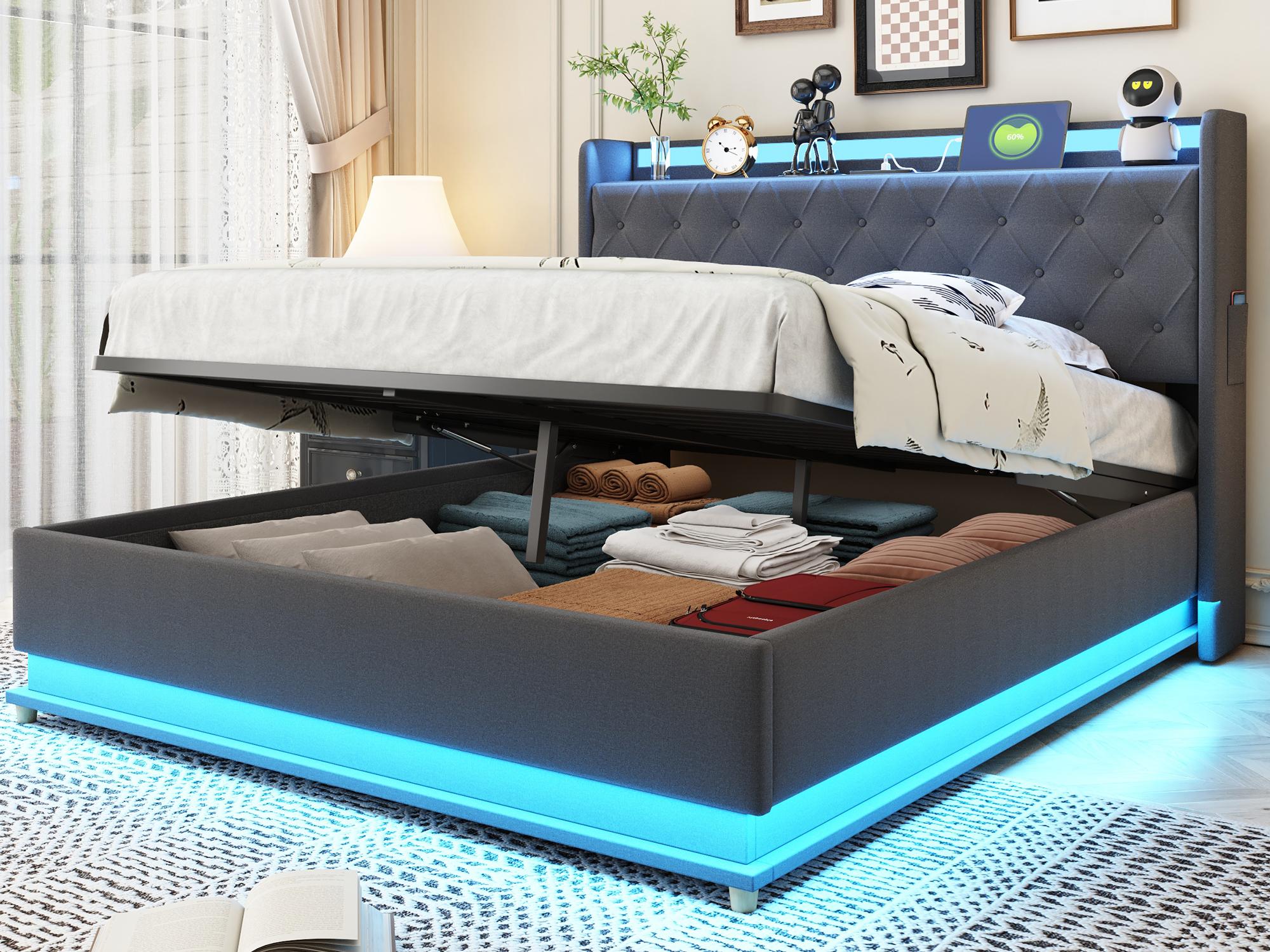 Tapicerowane łóżko skrzyniowe z LED 140x200 cm - z portem ładowania USB - Pościel - Szary
