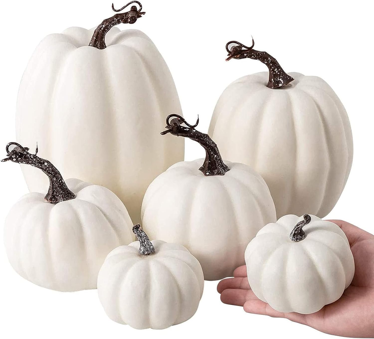 Calabazas artificiales de espuma blanca, 7 piezas, calabazas falsas para decoraciones de jardín de otoño, Acción de Gracias y Halloween - 3