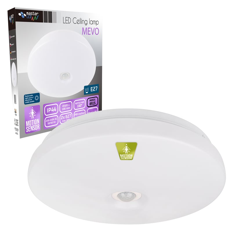 Plafon LED Mevo 2xE27 IP44 z czujnikiem PIR 160° sufitowy okrągły białyMasterLED