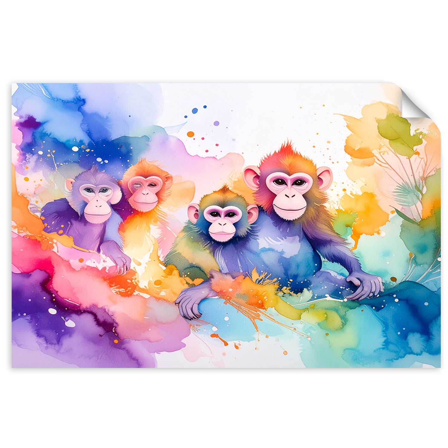 Naklejka samoprzylepna, Kolorowe Małpy w dżungli Akwarela 60x40
