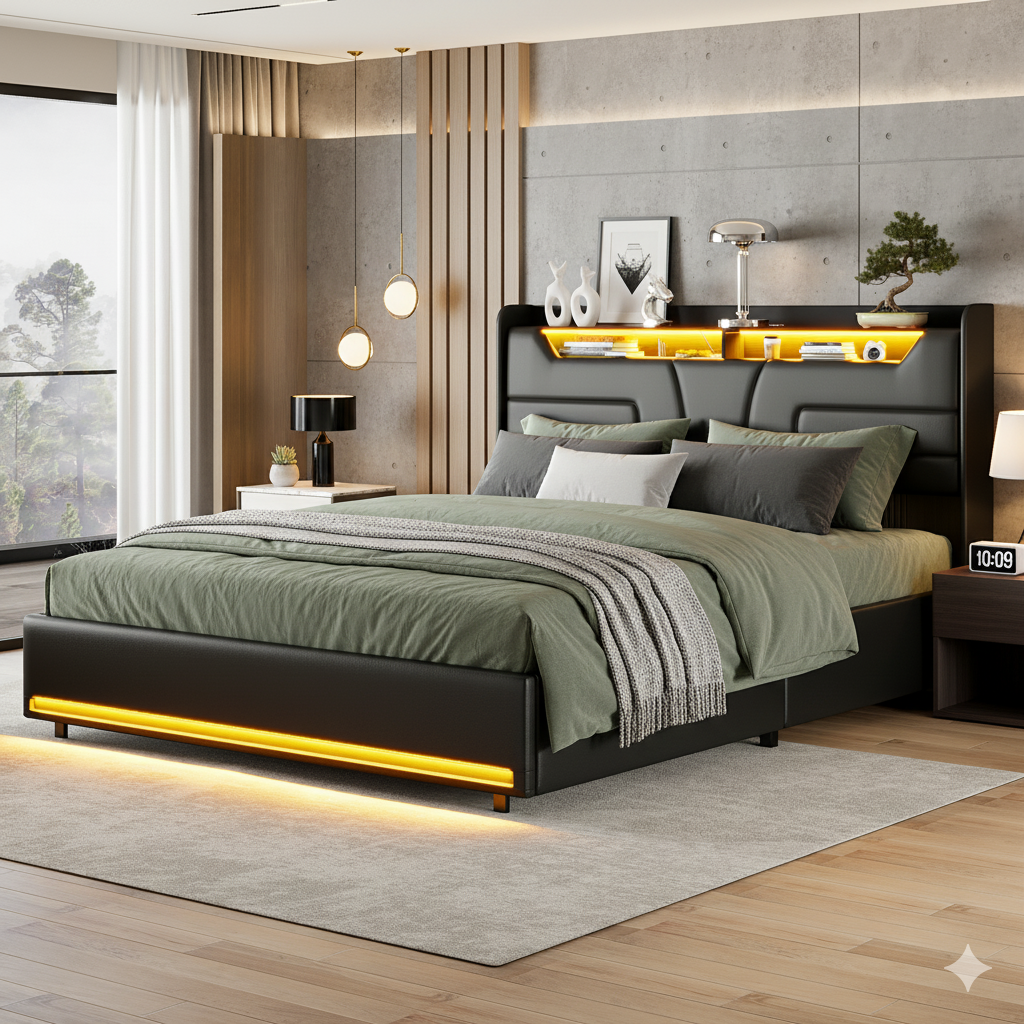 Lit 160x200cm - lit coffre 160 LED avec sommier et tête de lit avec étagères, port charge - Pu - Noir - 2