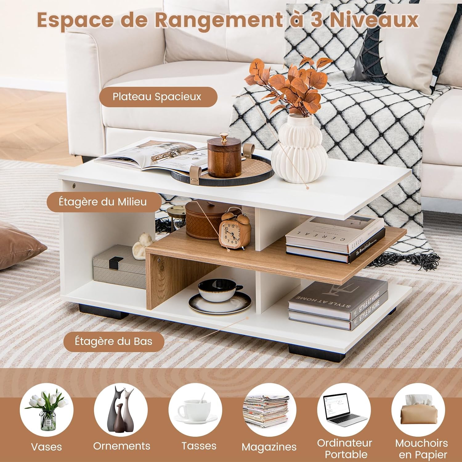 Table Basse avec Rangement, Table Basse Salon avec Etagères, Design Géométrique en L, Grand Compartiment, 90 x 50 x 42 cm (Marron Rustique) - 5
