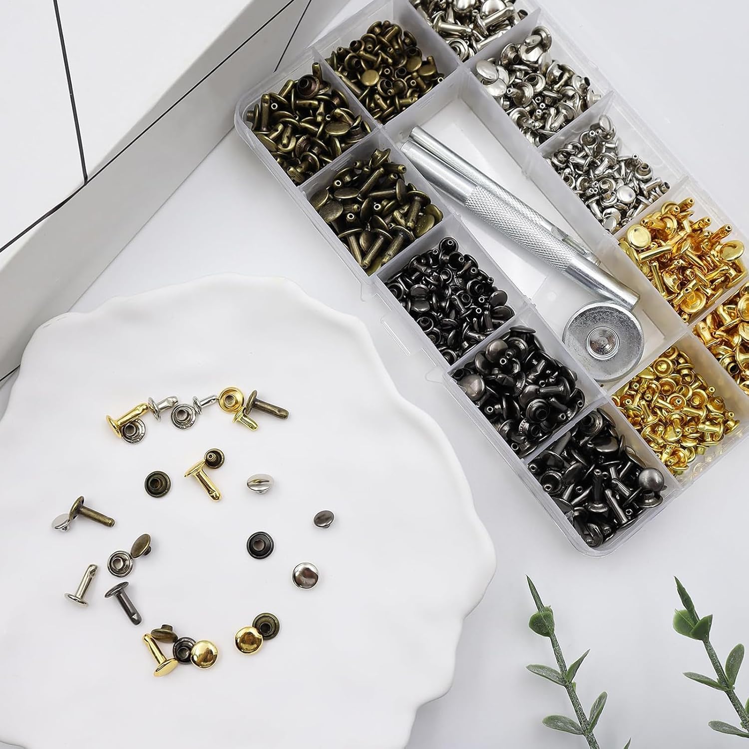 360 Paires de Rivets pour Cuir À Frapper, 3 Tailles Rivets Couture, Rivets À Bout Ouvert, Brass Rivets Croc Boucle Bouton (4 Couleurs) - 4
