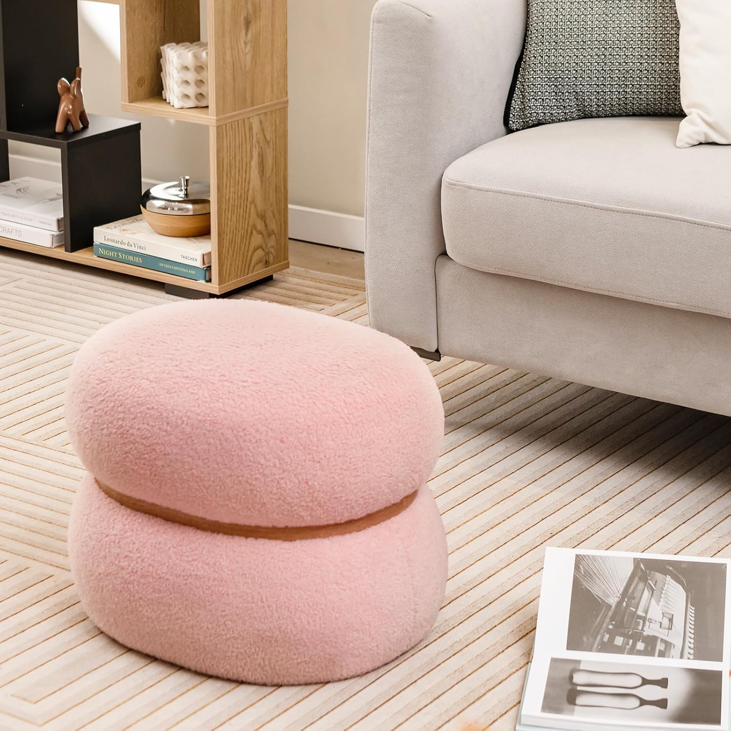 Tabouret de Coiffeuse en Fausse Fourrure, Pouf, Repose-Pieds Rembourré, Base Stable et Patins Antidérapants, Max.300kg, 44x35x35cm, Rose - 8