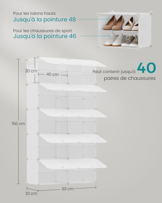Étagère à Chaussures, Rangement pour Chaussures à 10 Compartiments, pour Vestiaire, Entrée, pour 40 Paires, Modulable, Blanc Nuage - 5