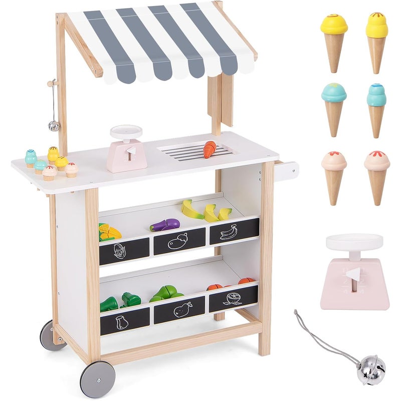 Drewniany Wózek na Lody dla Dzieci, Dzwonek i Drabinka, Stojak na Jedzenie dla Maluchów z Tablicą (Biały)