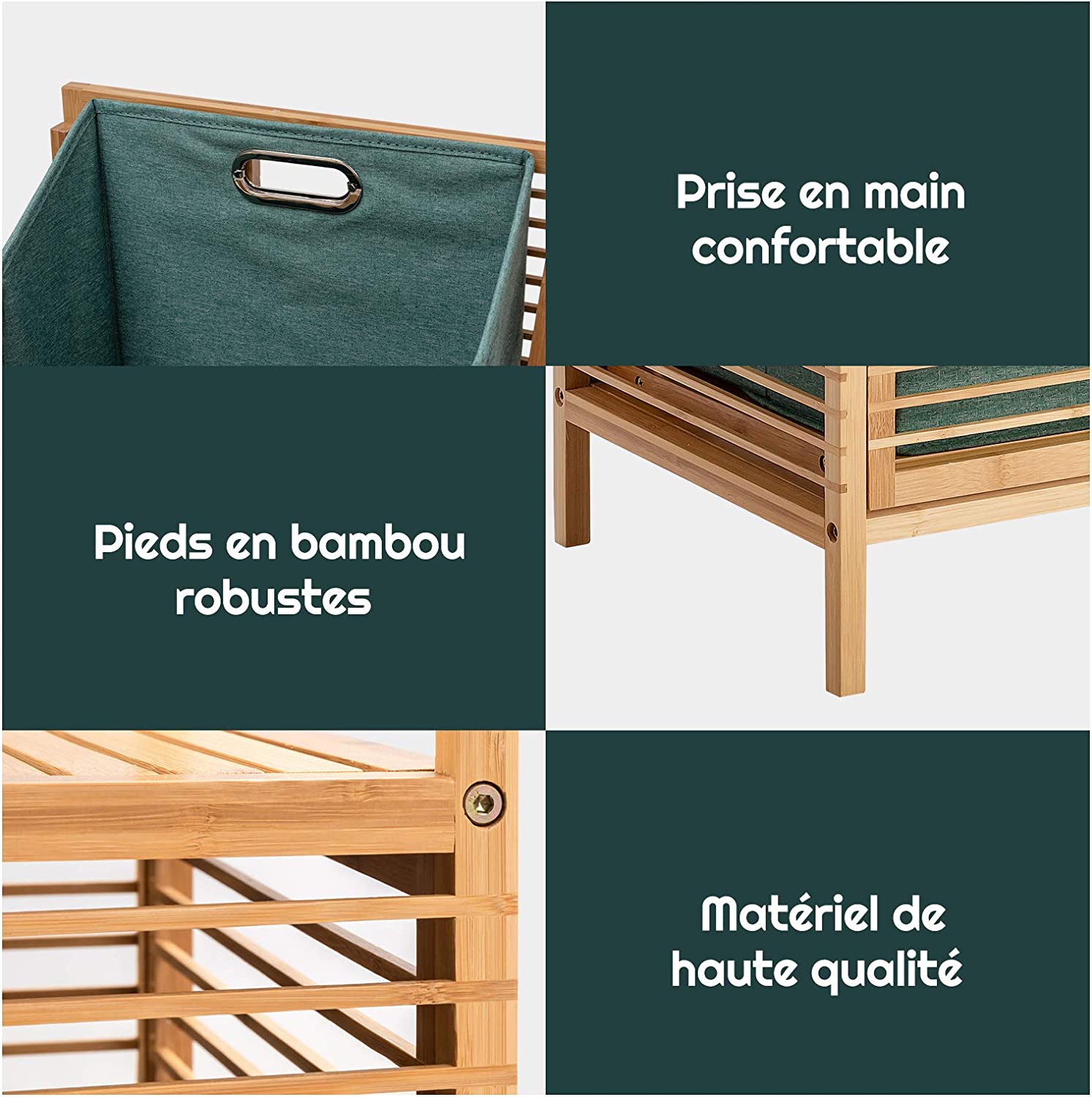 Meuble Panier à Linge Basculant, Panier a Linge avec Étagere en Bambou, Sac Amovible, Doublure Oxford, pour Salle de Bain, Buanderie - 4