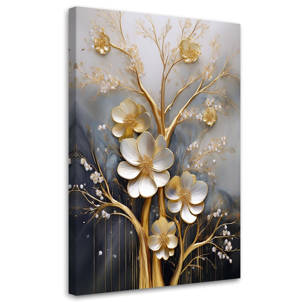 Obraz na płótnie, Złote Kwiaty Glamour 3D 60x90