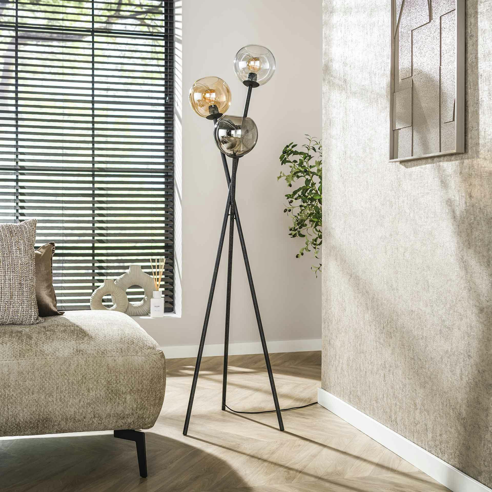 Lampadaire Litecraft 3 Bras - Abat-jour Verre Transparent - Chrome Poli - Occasion Fonctionnel