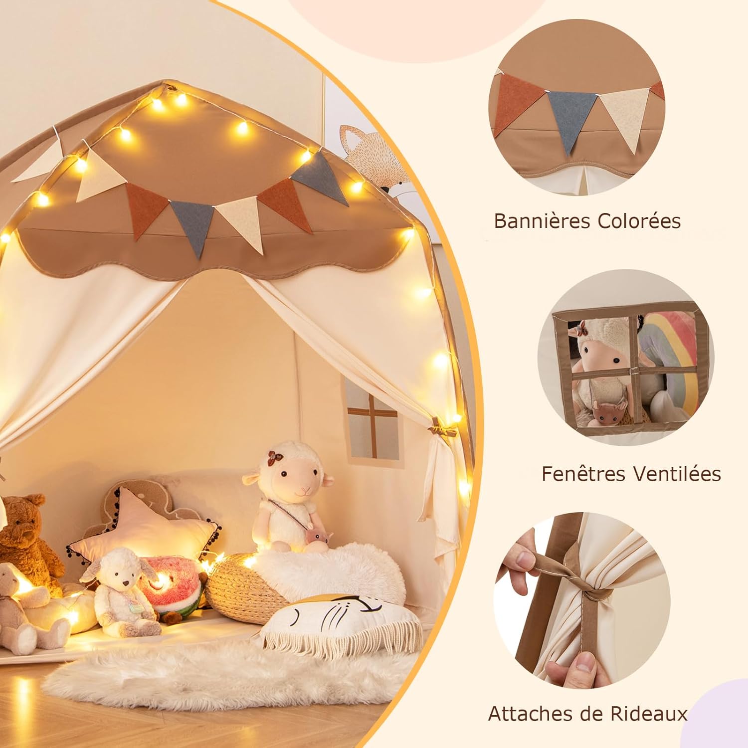Tenda per bambini grande, casetta da gioco per bambini da interno ed esterno con luci, bandiere, 2 porte, 2 finestre, tenda indiana lavabile in lavatr - 5