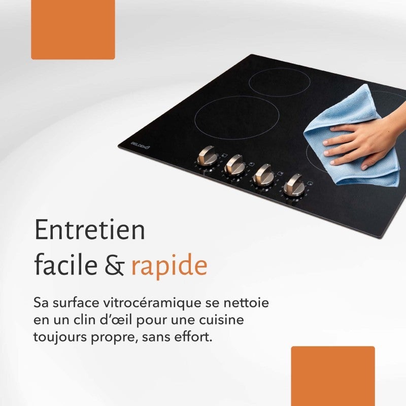 BELDEKO - Plaque de Cuisson Vitrocéramique 4 Foyers Encastrable avec Boutons de contrôle - 6000W - 6