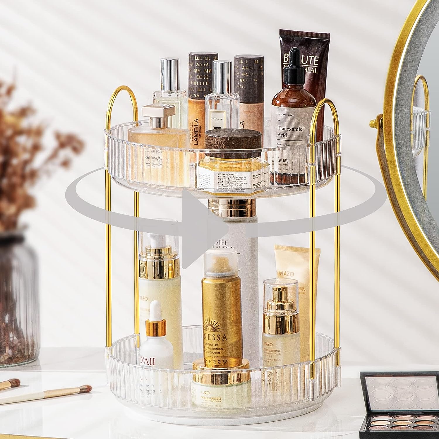 Forbena Organizer angolare per il bagno, 2 ripiani, per il bagno, piccolo ripiano superiore per lavello, per trucchi, profumi, prodotti per la cura della pelle (bianco e oro