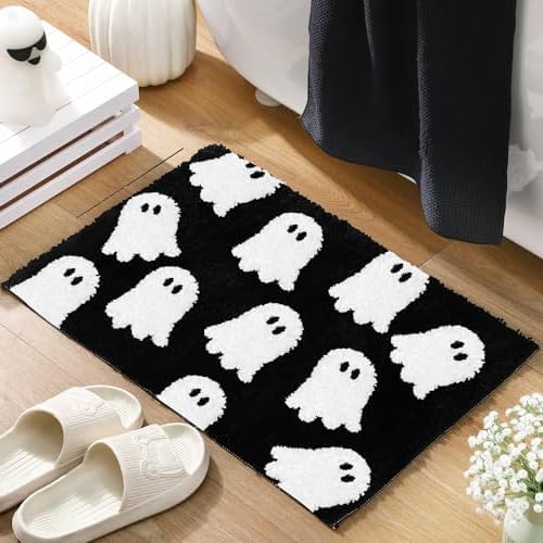 Czarna mata łazienkowa z motywem ducha, miękka i antypoślizgowa, słodka, upiorna mata łazienkowa na Halloween, pluszowa, z długim włosiem do domu, 40