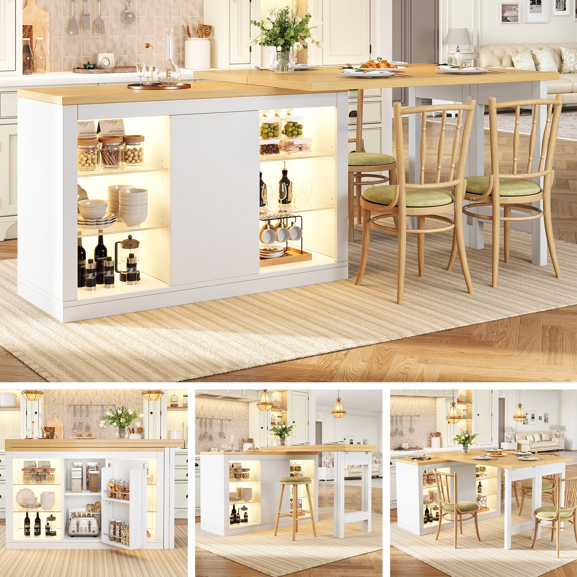 Ilot Cuisine Extensible 120-197*40*72cm cm avec Table à Manger, Pivotant 360°, LED RGB App, Portes Magnétiques et Étagères en Verre, Blanc - 9