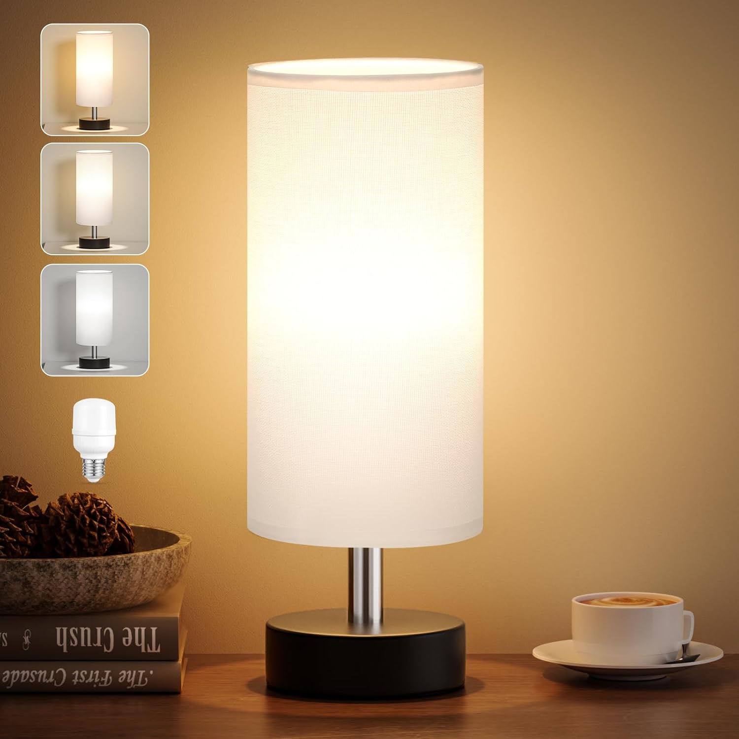 Lampka nocna tryby kolorów mała lampka ze sznurkiem nowoczesna lampa stołowa z białym lnianym kloszem i czarną podstawą do sypialni