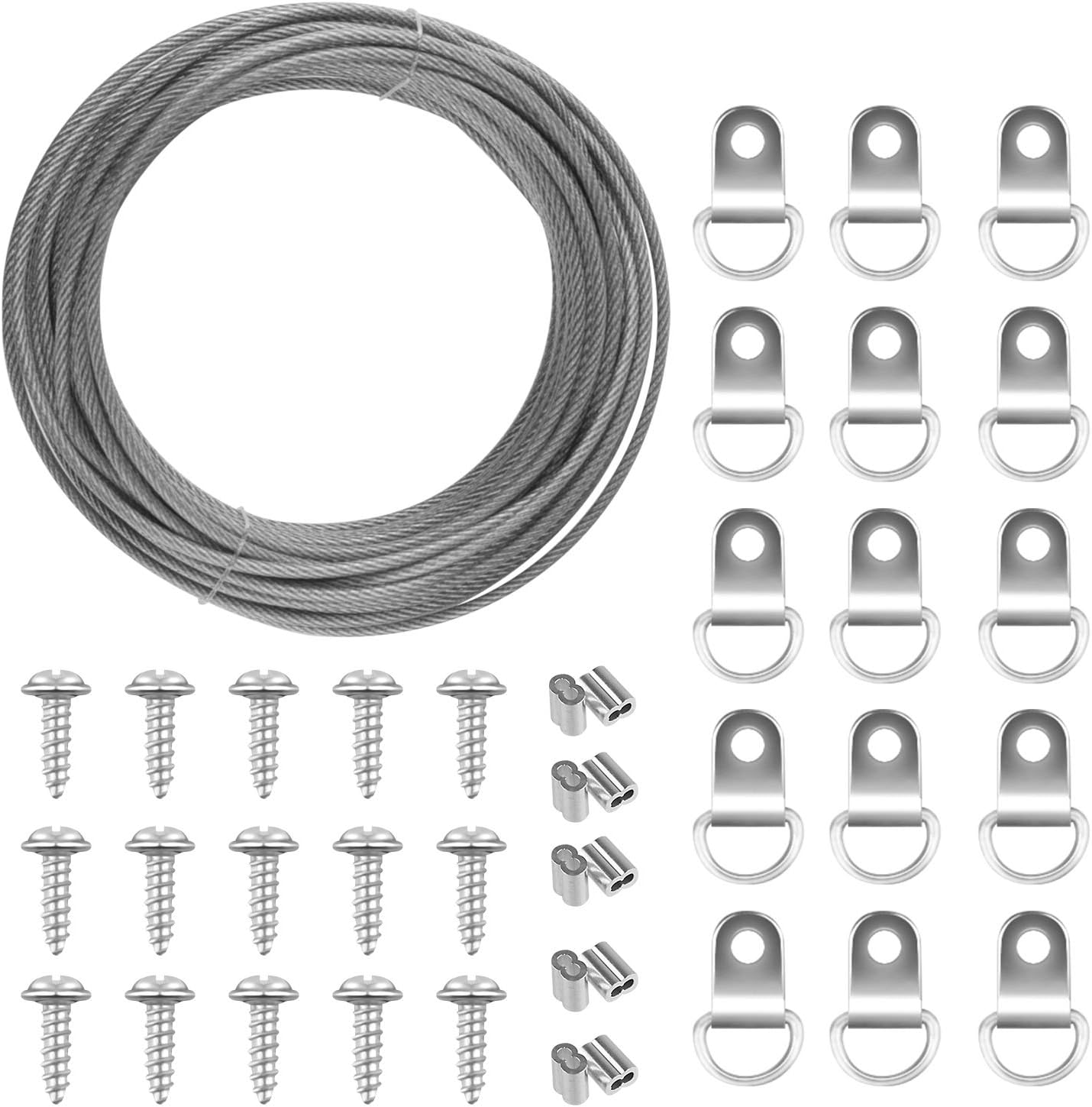 Hak kablowy 2 mm x 10 m do mocowania luster, w zestawie 10 rur zaciskowych, 15 haków ramowych i śrub, odpowiedni do ramy D (nośność 30 kg)